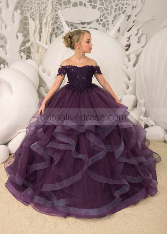 Beaded Purple Lace Tulle Ruffle Floor Length Flower Girl Dress